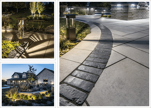 Photo collage including landscape lighting, full custom landscape and new paver walkway